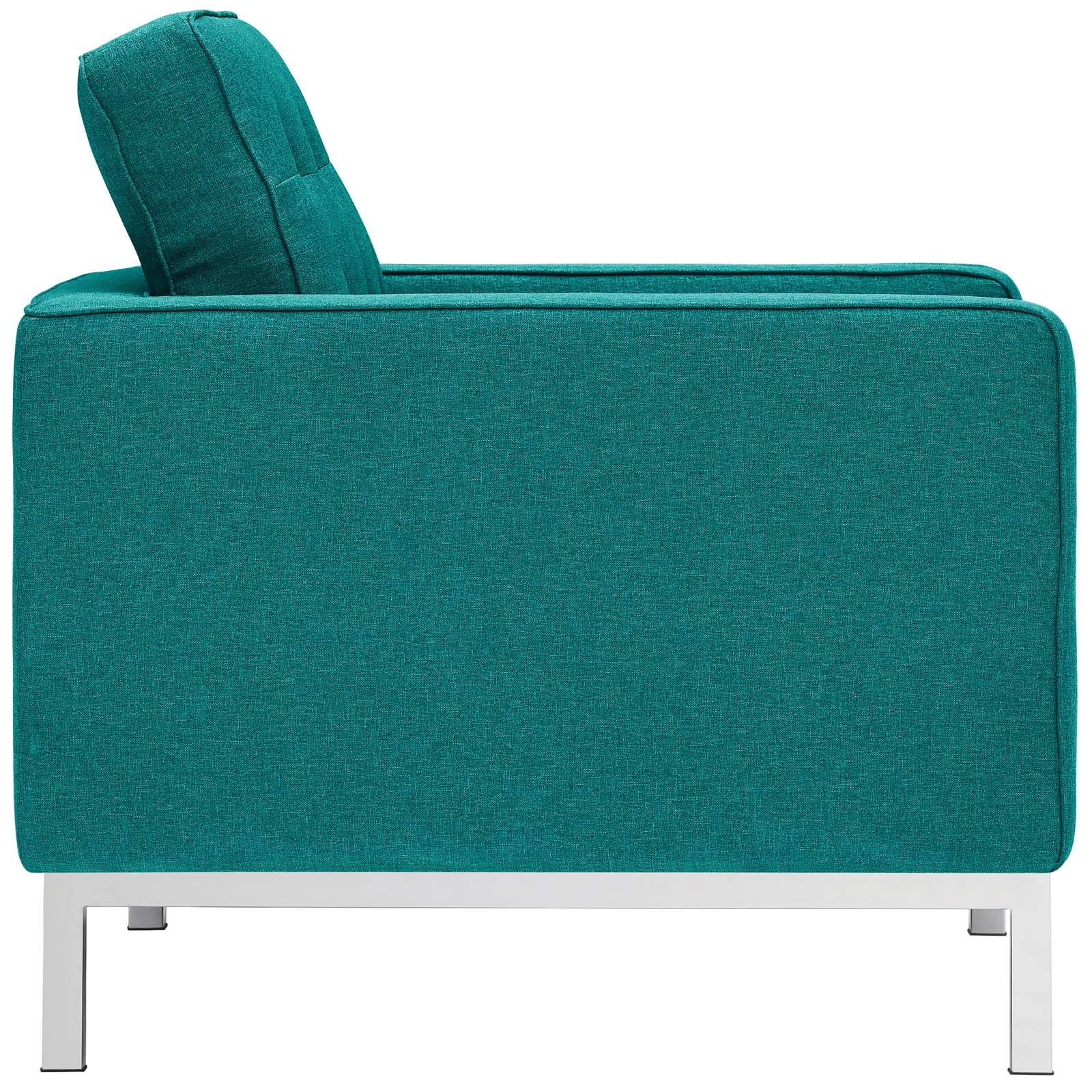 Teal upholstered fabric armchairs set of 2 with metal legs and backrests, modern lounge style.