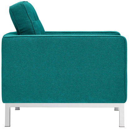 Teal upholstered fabric armchairs set of 2 with metal legs and backrests, modern lounge style.