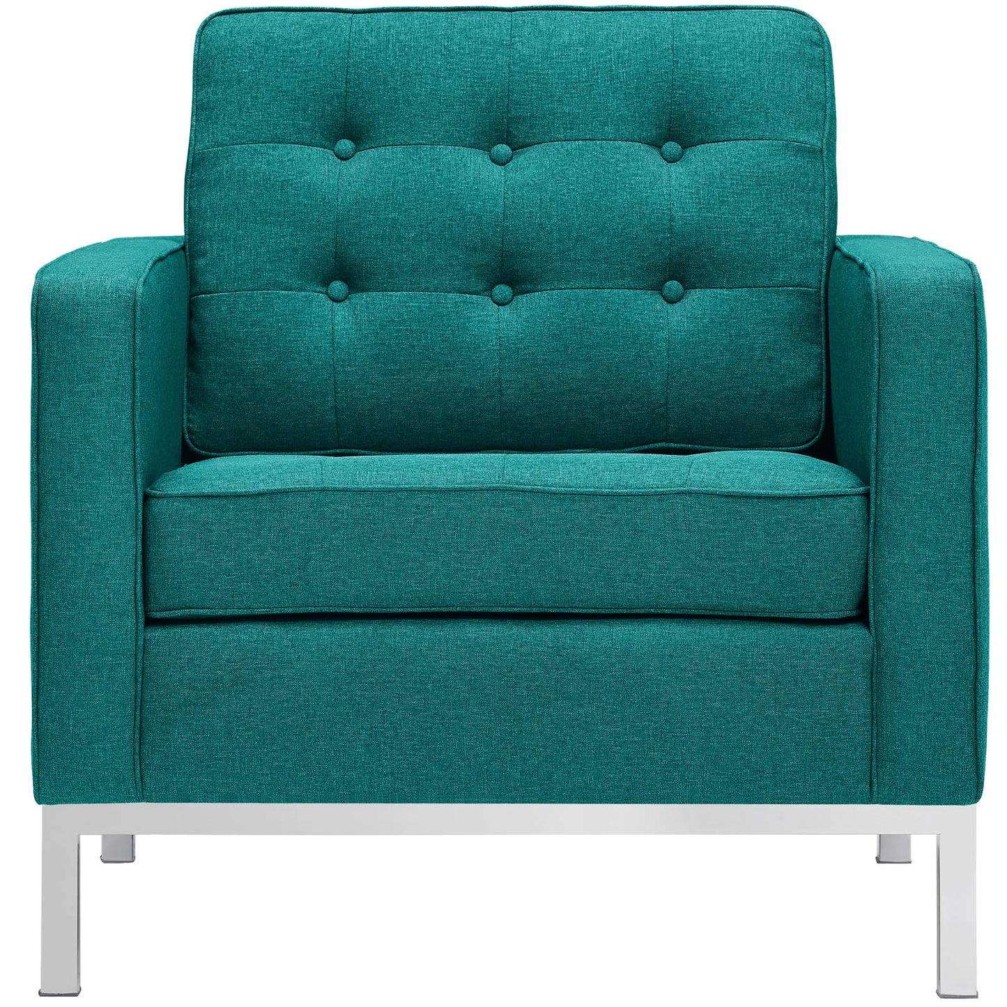 Teal fabric armchairs (set of 2) with button-tufted back, cushioned seat, and square metal legs.