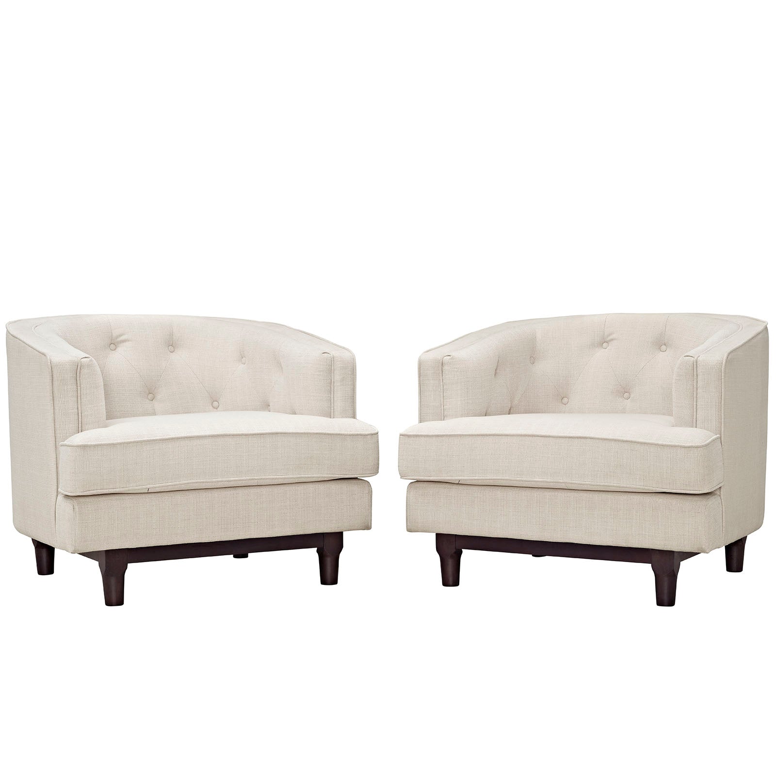 Pair of beige tufted fabric barrel chairs with curved arms, cushion seats, and dark wooden legs.
