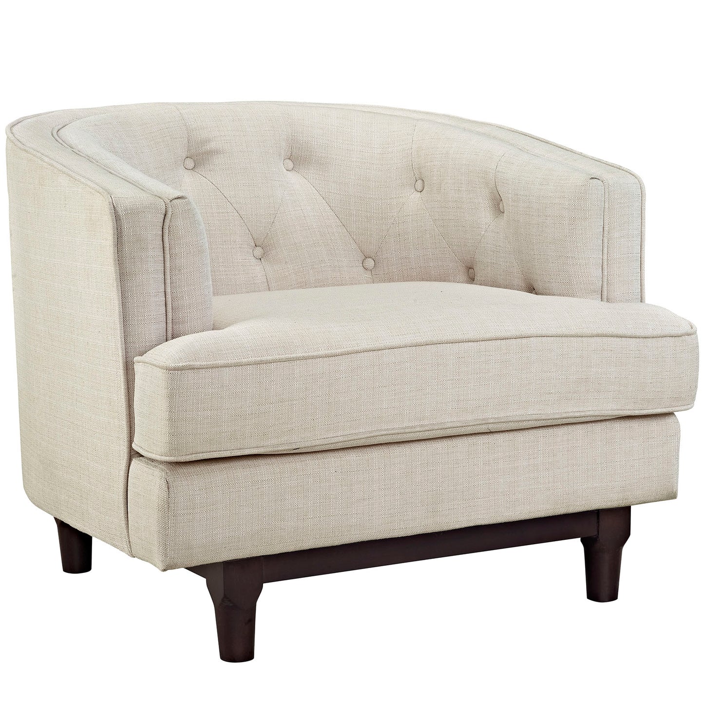Beige upholstered armchairs (set of 2) with tufted curved backs, plush seat cushions, and dark wooden legs.