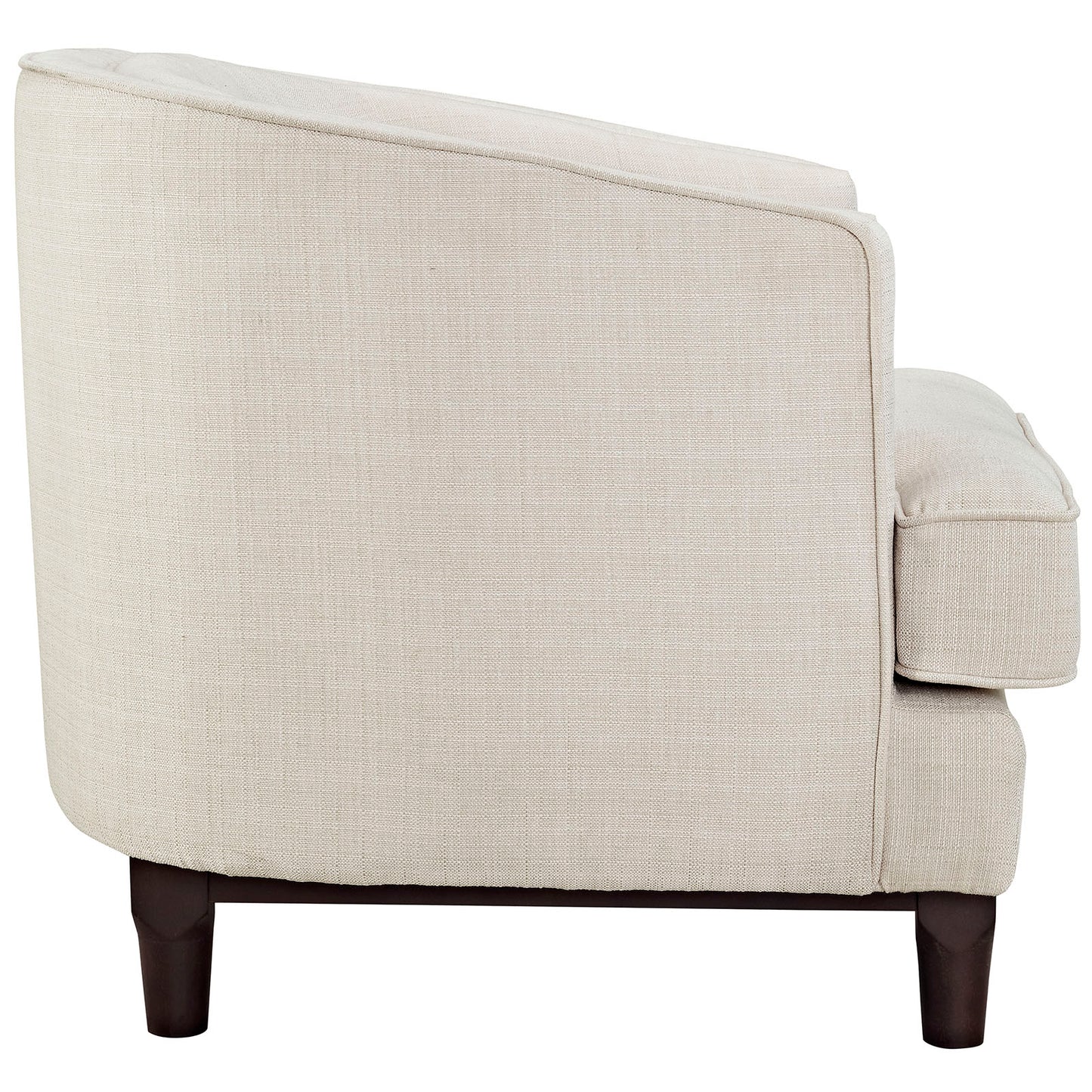 Beige linen-textured upholstered armchairs set of 2 with rounded backs, cushioned arms and dark tapered wood legs.