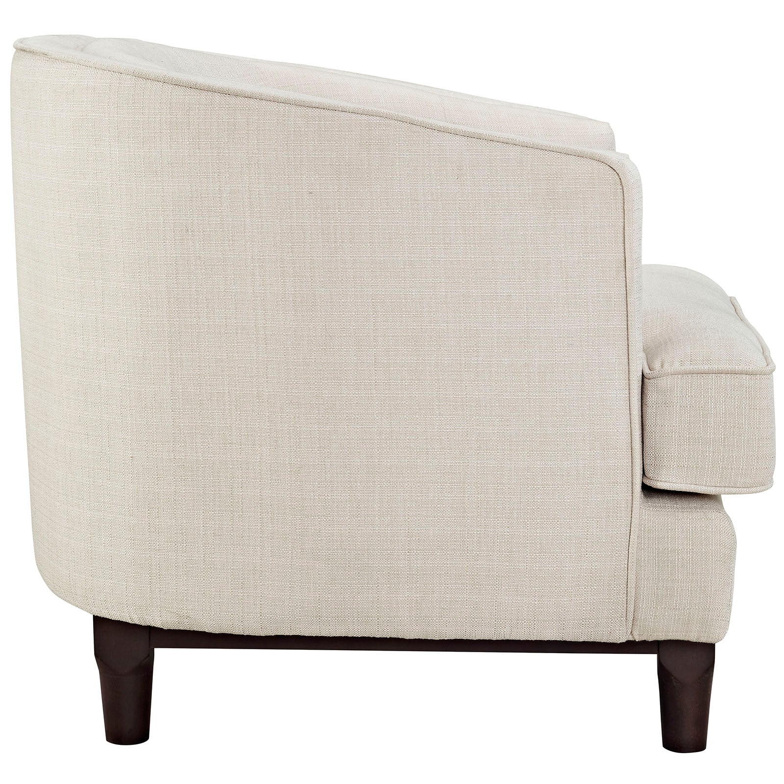 Beige linen-textured upholstered armchairs set of 2 with rounded backs, cushioned arms and dark tapered wood legs.