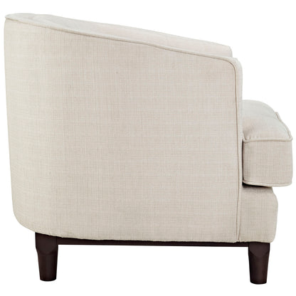 Beige linen-textured upholstered armchairs set of 2 with rounded backs, cushioned arms and dark tapered wood legs.