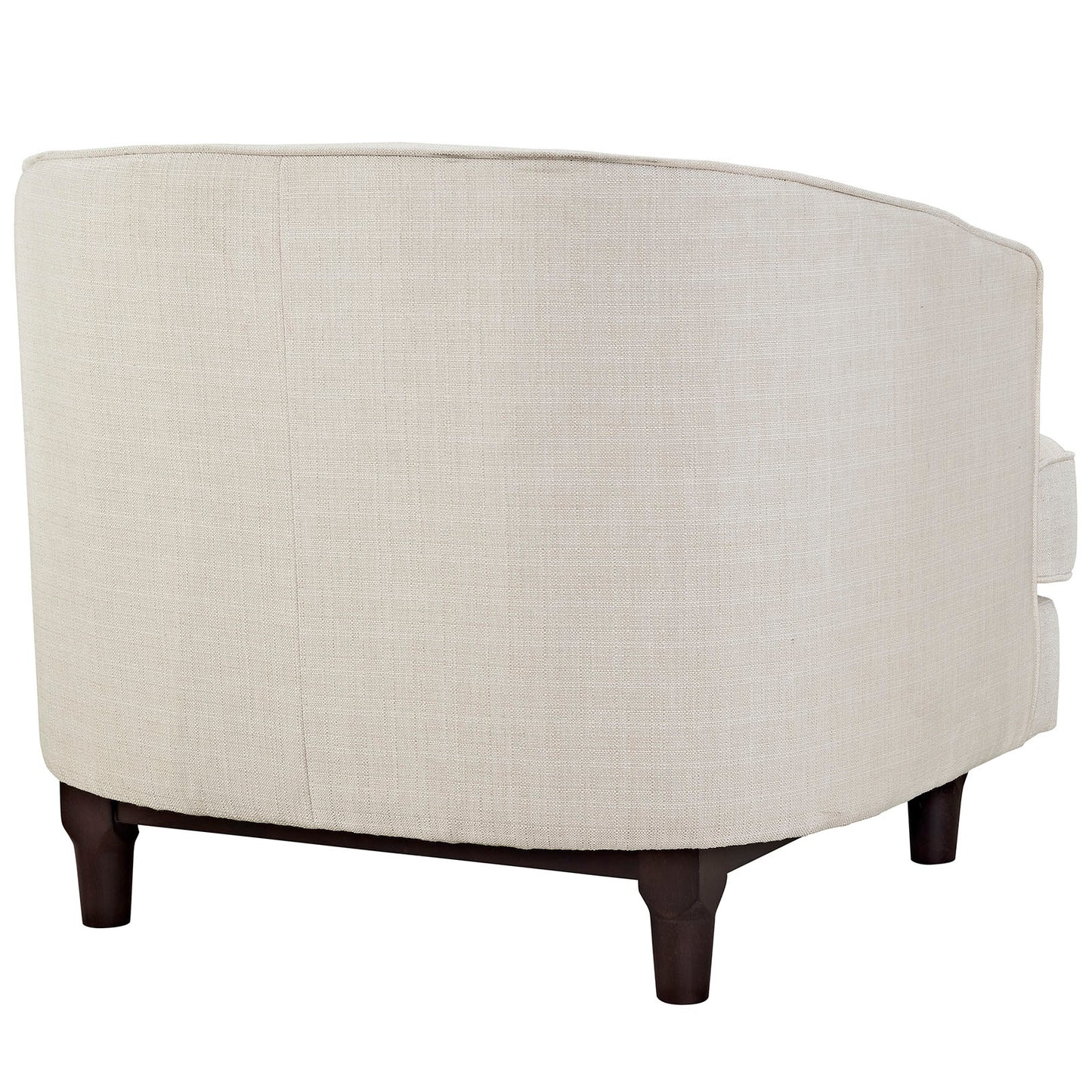 Beige linen upholstered accent armchairs set of 2 with curved backs and short dark wood legs.