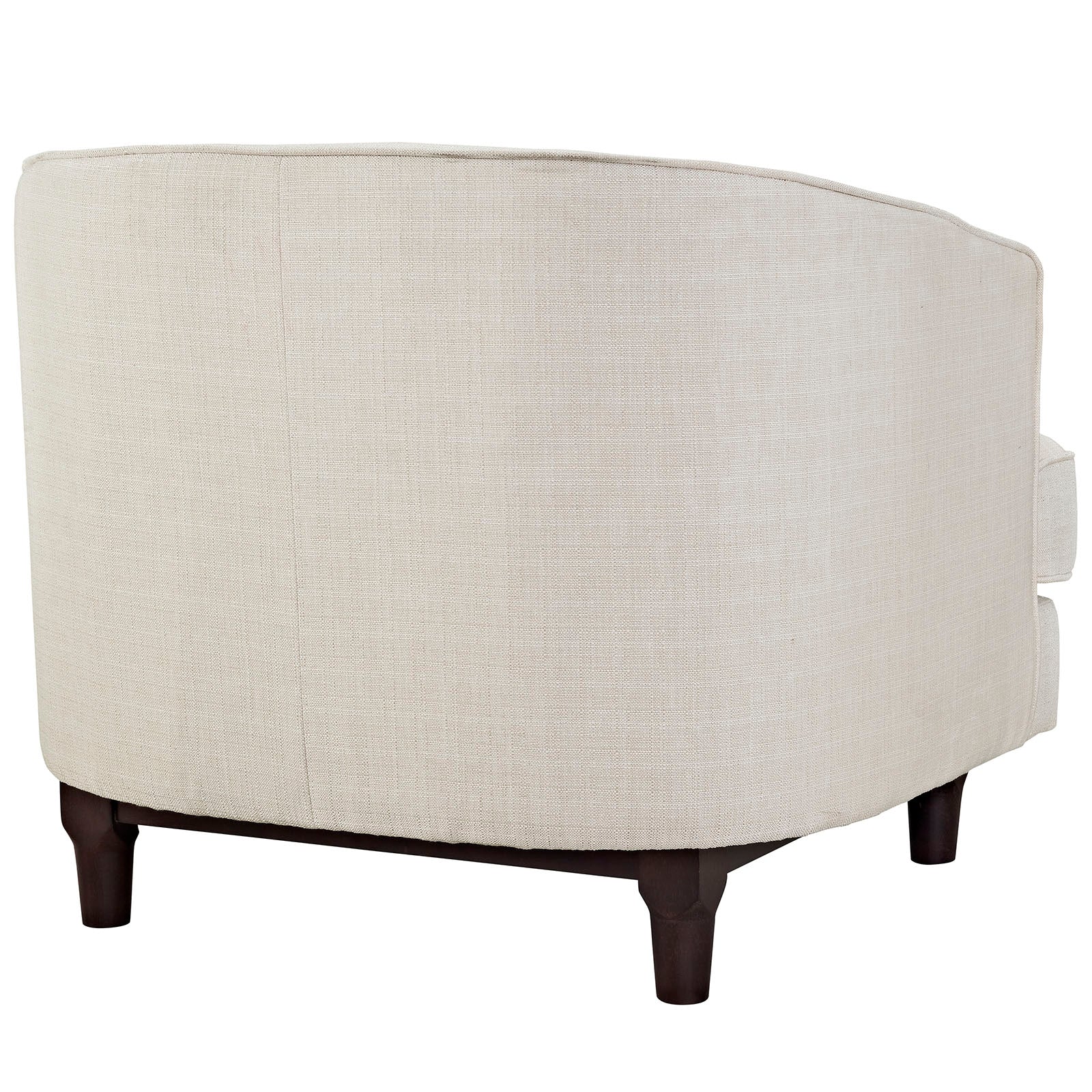 Beige linen upholstered accent armchairs set of 2 with curved backs and short dark wood legs.