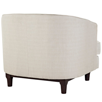Beige linen upholstered accent armchairs set of 2 with curved backs and short dark wood legs.