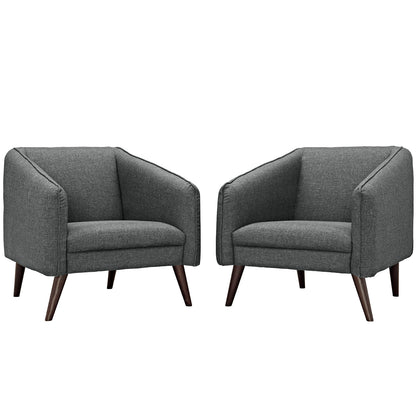 Pair of grey fabric armchairs with curved arms & tapered wood legs, mid-century modern style.