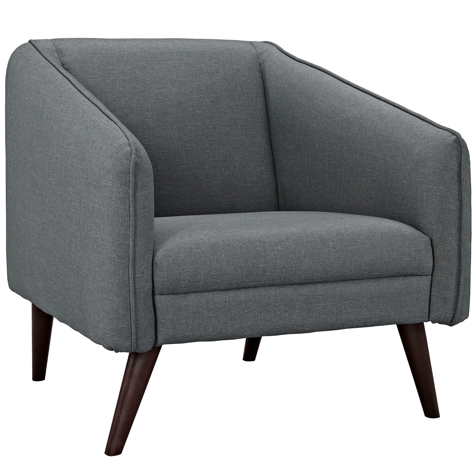 Gray textured fabric armchairs with rounded arms, cushioned seats and backs, and dark tapered wood legs