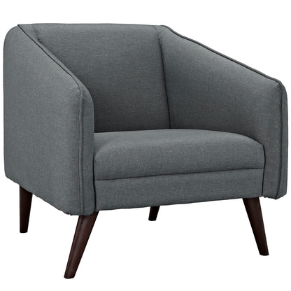 Gray textured fabric armchairs with rounded arms, cushioned seats and backs, and dark tapered wood legs
