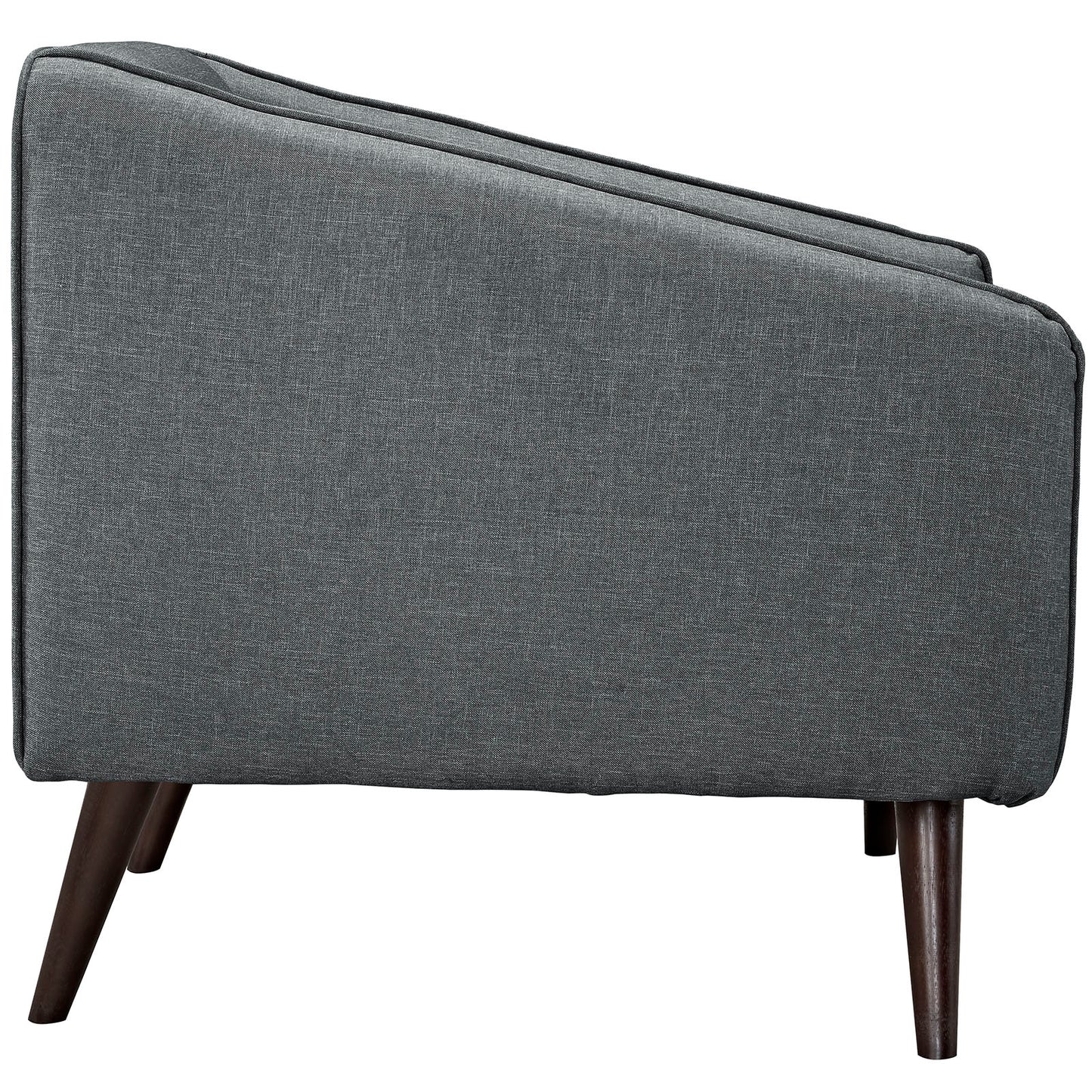 Gray fabric armchairs, set of 2, with curved backs, cushioned sides, and angled dark wood legs in a mid-century modern style.