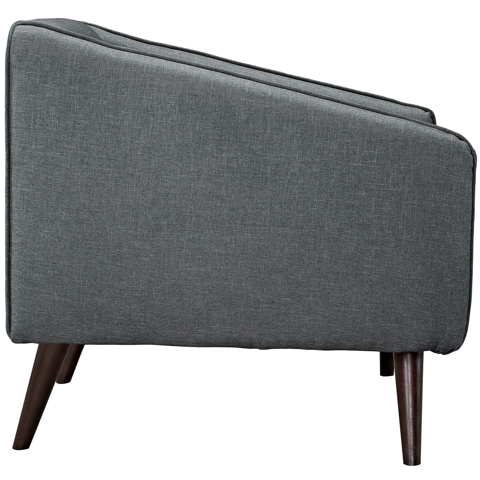 Gray fabric armchairs, set of 2, with curved backs, cushioned sides, and angled dark wood legs in a mid-century modern style.