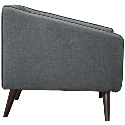 Gray fabric armchairs, set of 2, with curved backs, cushioned sides, and angled dark wood legs in a mid-century modern style.