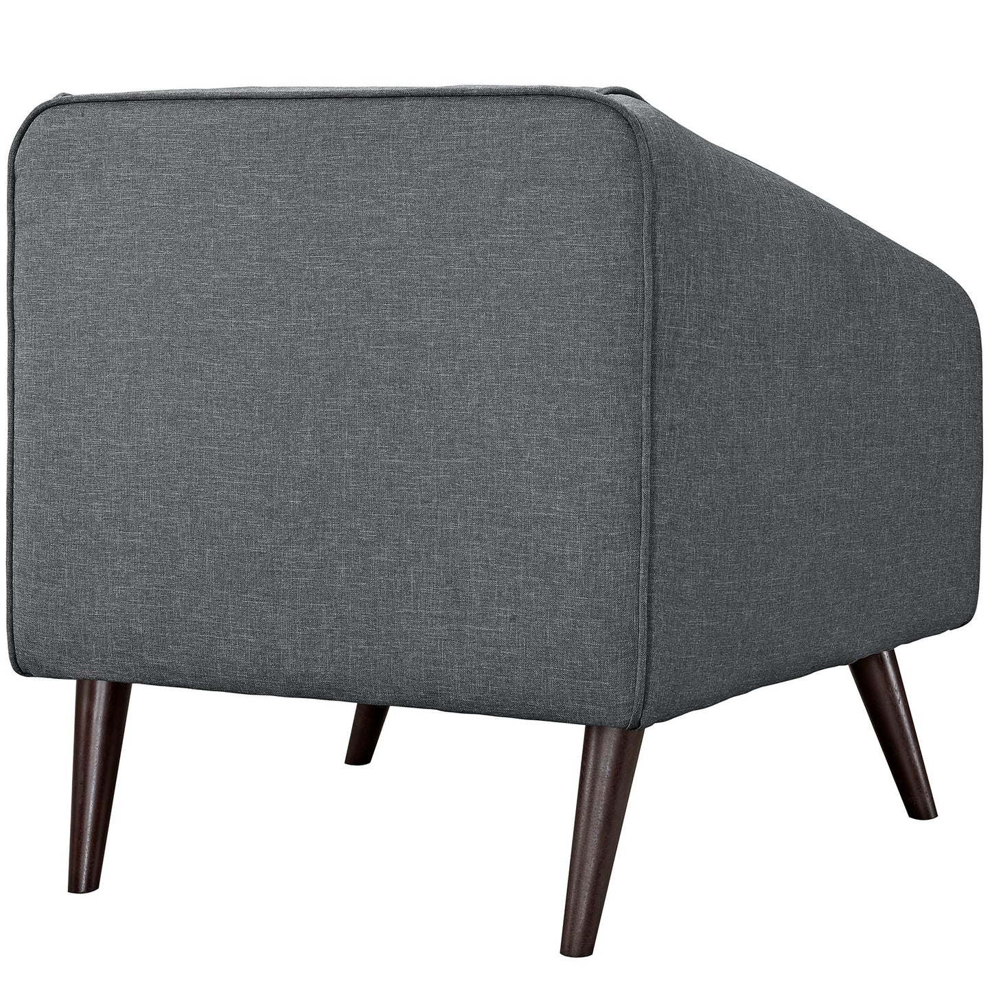 Two gray fabric upholstered armchairs with tapered dark wood legs in a mid-century modern style.