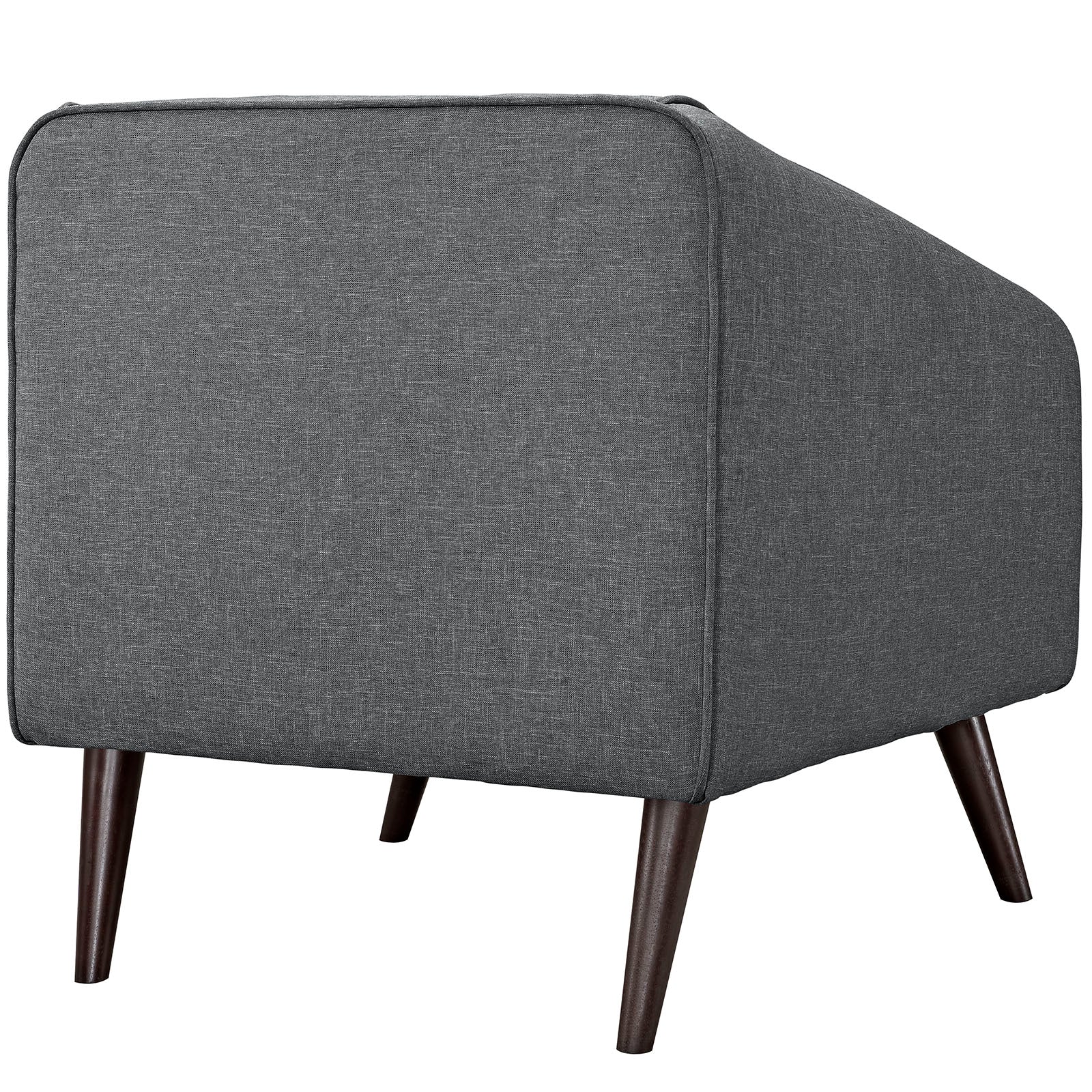 Two gray fabric upholstered armchairs with tapered dark wood legs in a mid-century modern style.