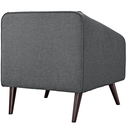 Two gray fabric upholstered armchairs with tapered dark wood legs in a mid-century modern style.