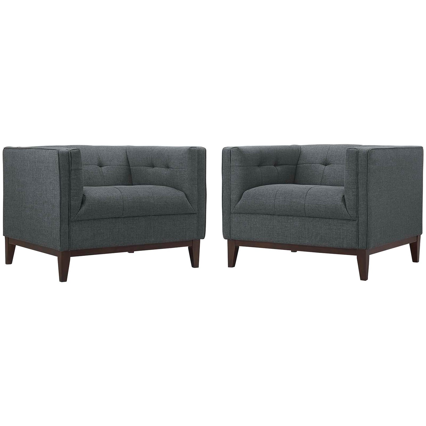 Pair of charcoal gray fabric armchairs with tufted back, square arms, and tapered wooden legs.