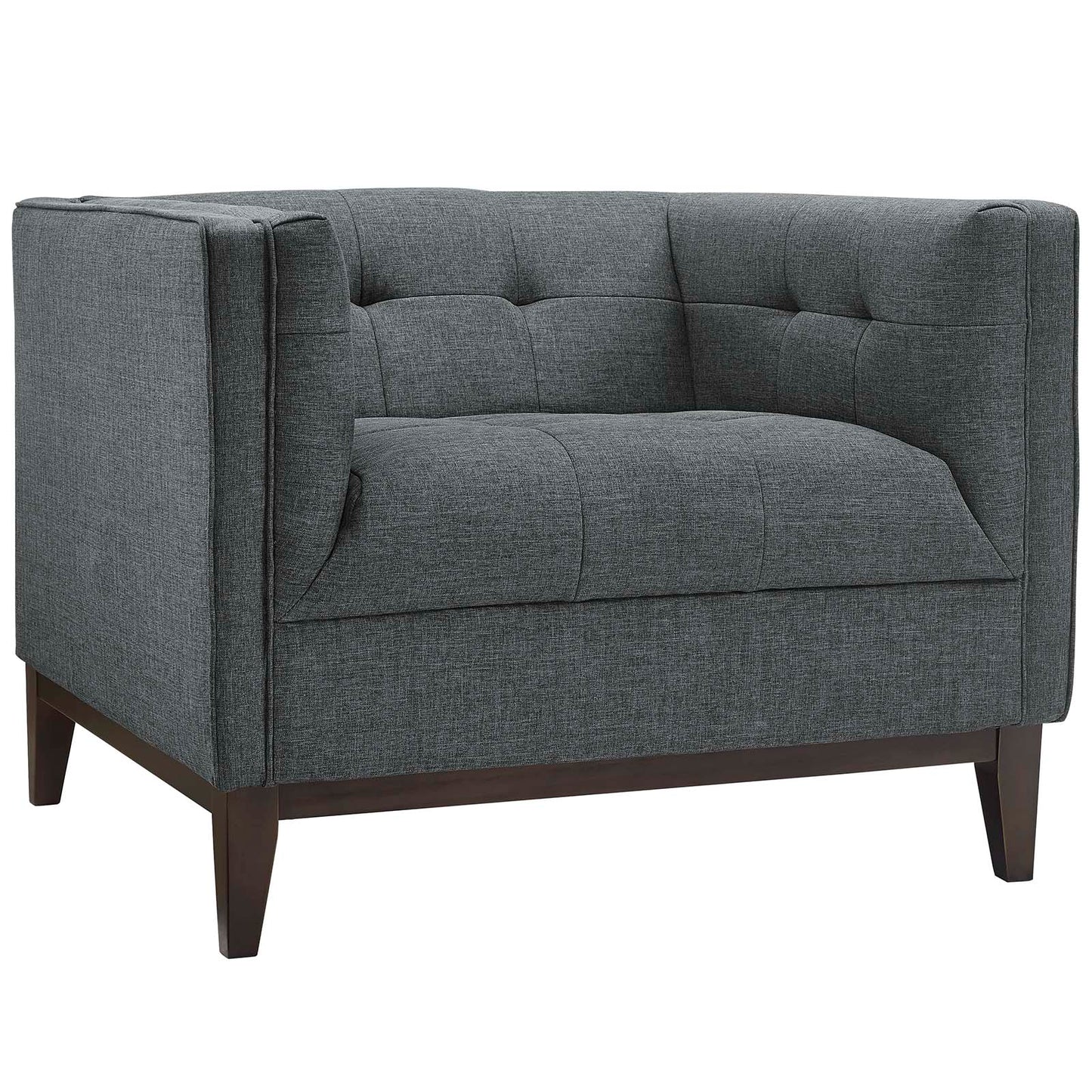 Gray fabric upholstered armchairs with tufted backs and seats, dark wood legs.