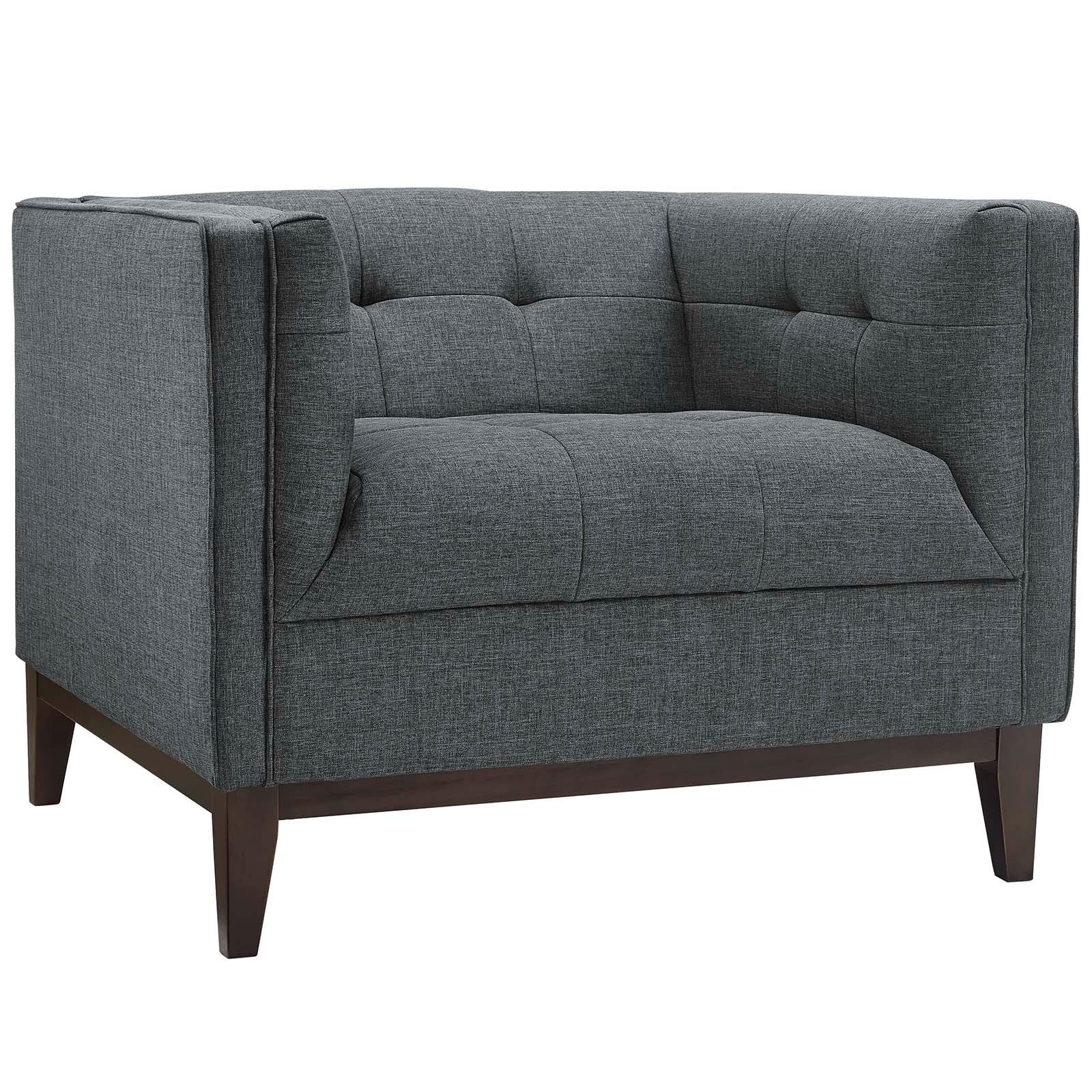 Gray fabric upholstered armchairs with tufted backs and seats, dark wood legs.