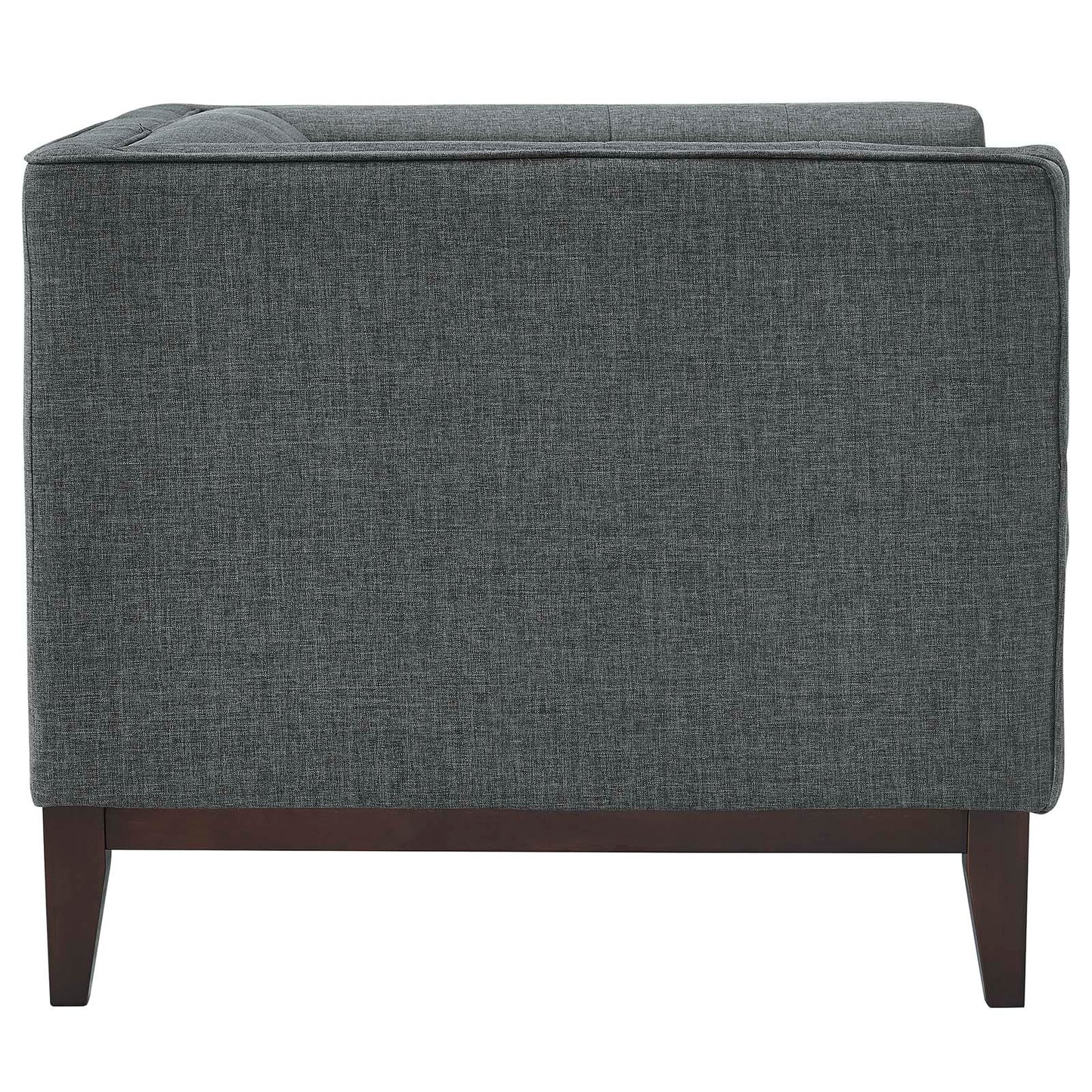 Rear view of two gray fabric armchairs with dark wood tapered legs in a mid-century modern style.