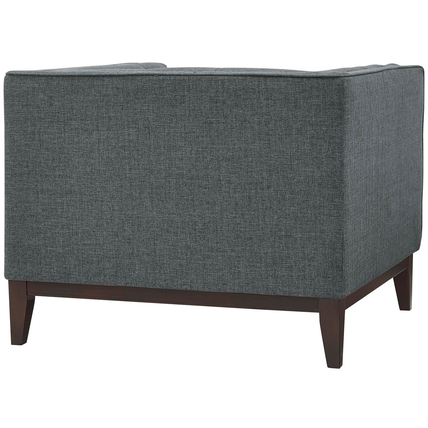 Pair of grey fabric armchairs with dark wood legs and square cushions, mid-century modern style.
