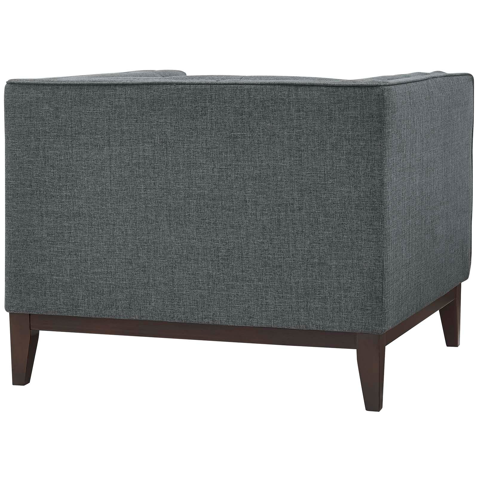 Pair of grey fabric armchairs with dark wood legs and square cushions, mid-century modern style.
