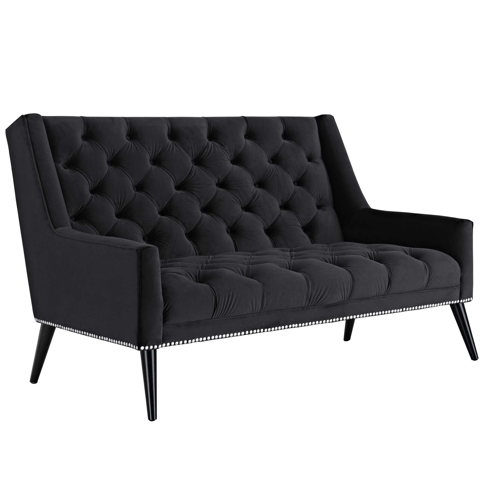 Black tufted velvet loveseat with nailhead trim along base, tapered legs, two-seater, plush back and seat cushions