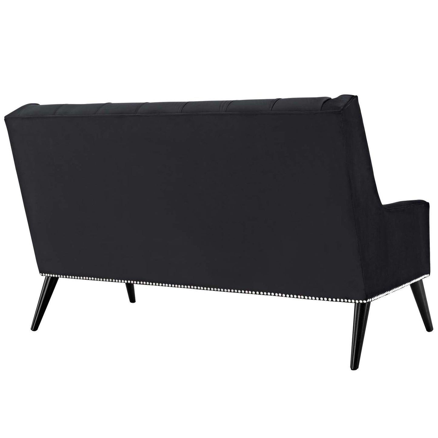 Black velvet loveseat with nailhead trim along base and tapered wood legs.