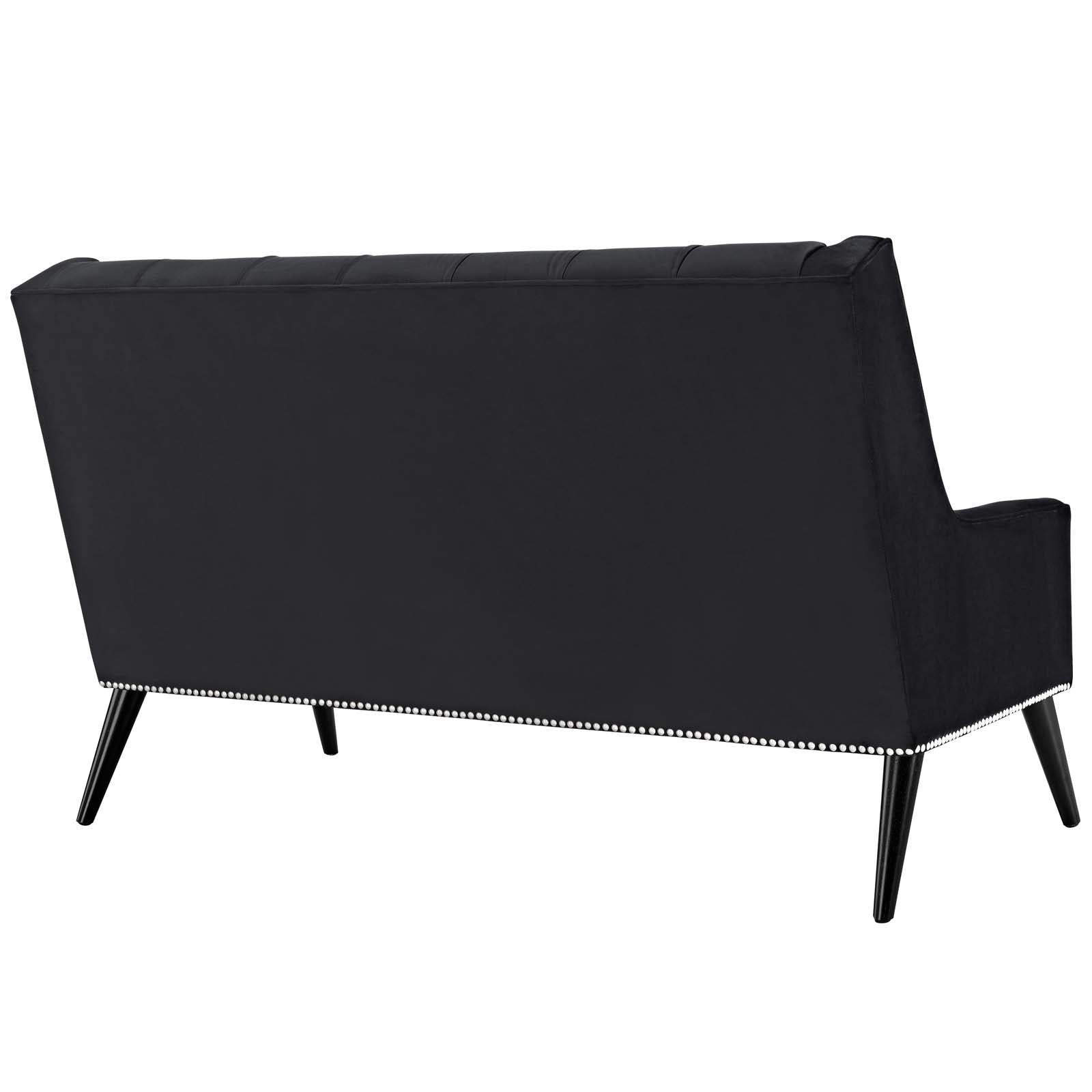 Black velvet loveseat with nailhead trim along base and tapered wood legs.