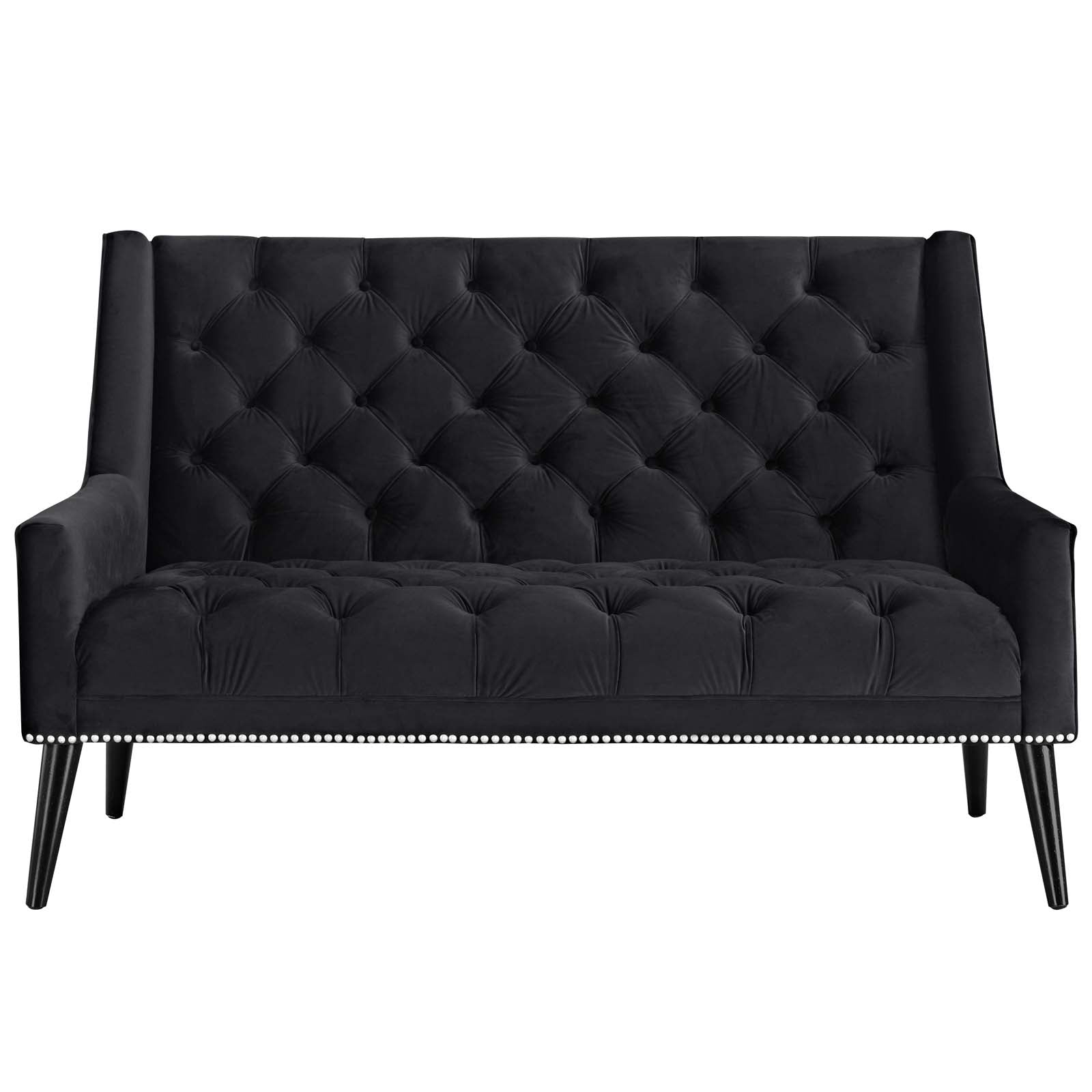 Black velvet tufted loveseat with button-tufted back and seat, nailhead trim along base, and tapered wooden legs.