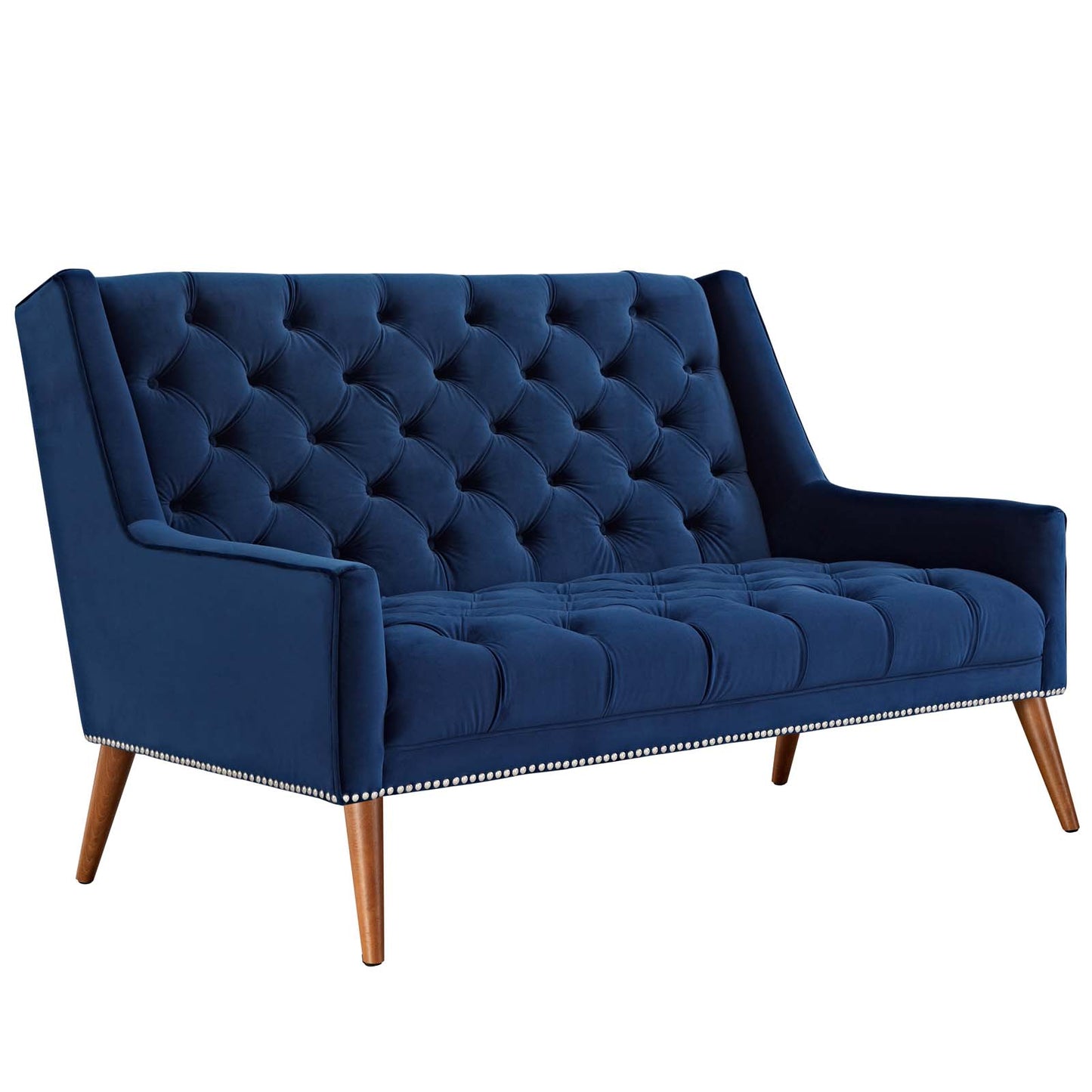 Navy blue velvet tufted loveseat with button-tufted back and seat, nailhead trim, and wooden tapered legs.