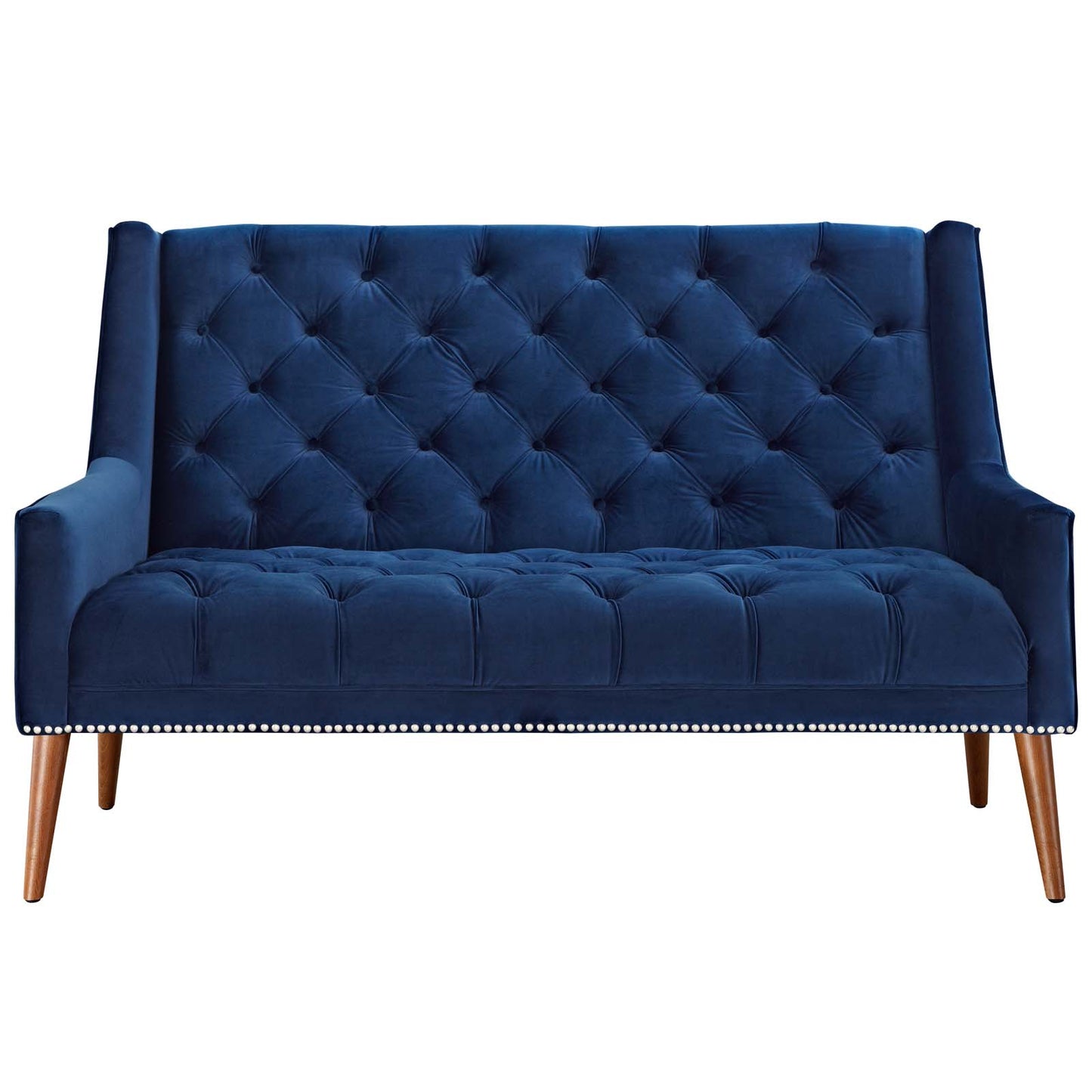 Navy blue velvet tufted loveseat with button-tufted back and seat, nailhead trim, and tapered wooden legs.