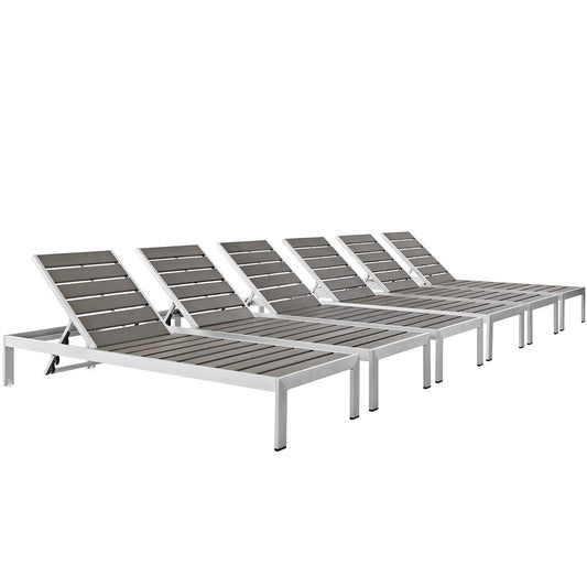 Modway - Shore Outdoor Patio Aluminum Chaise Set of 6 by Modway  Outdoor Furniture Sofa Sectionals Gray - EEI-2469-SLV-GRY-SET