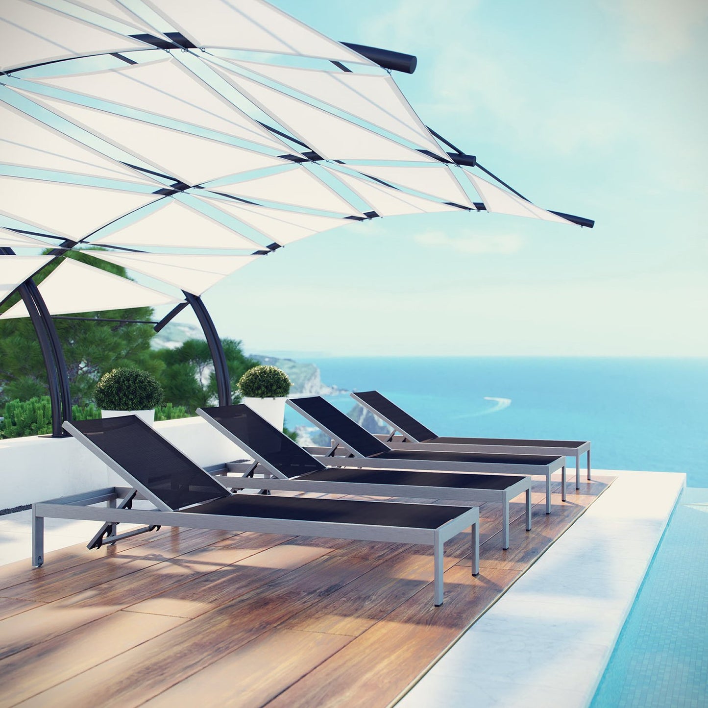 Modway - Shore Outdoor Patio Aluminum Chaise Set of 4 by Modway  Outdoor Furniture Sofa Sectionals Black - EEI-2473-SLV-BLK-SET