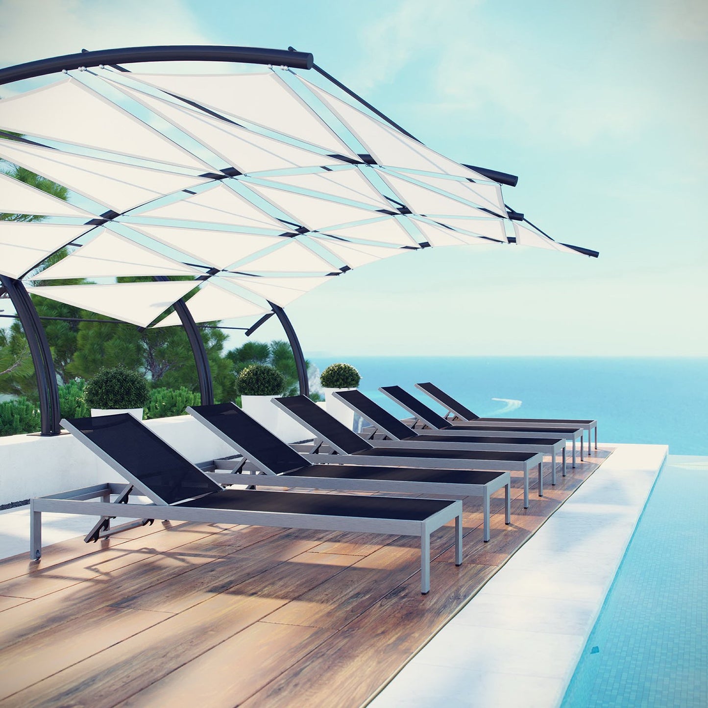 Modway - Shore Outdoor Patio Aluminum Chaise Set of 6 by Modway  Outdoor Furniture Sofa Sectionals Black - EEI-2474-SLV-BLK-SET