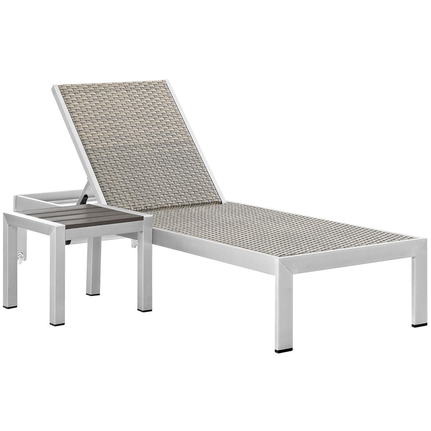 Silver-gray aluminum-frame chaise lounge outdoor with adjustable backrest and woven rattan top, plus matching square side table.