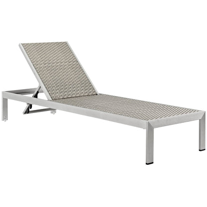 2-piece silver metal outdoor patio set with woven diamond-mesh seating and adjustable backrests for outdoor use.