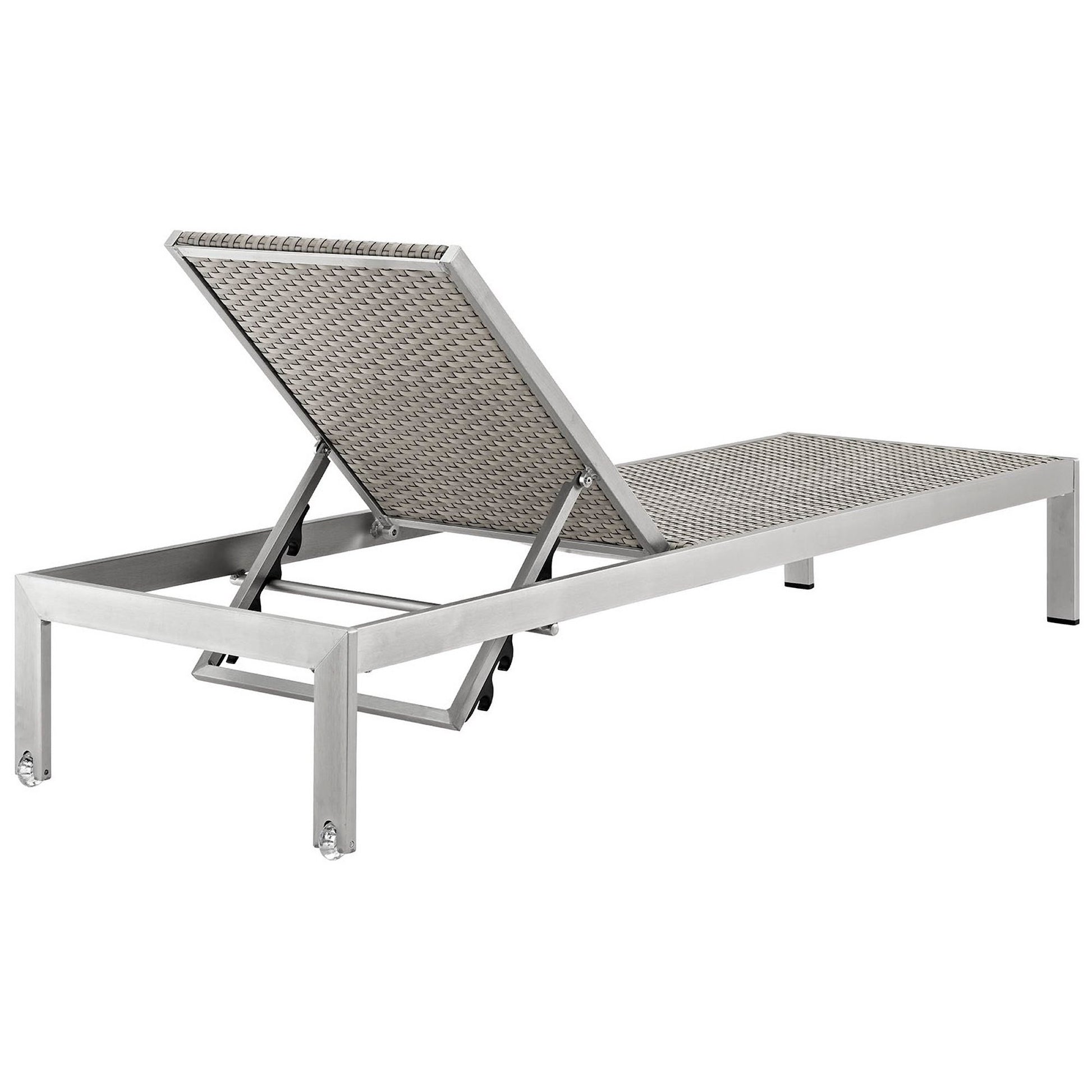 Slate-gray stainless-steel outdoor chaise lounge with adjustable backrest and perforated metal seat, modern industrial style.
