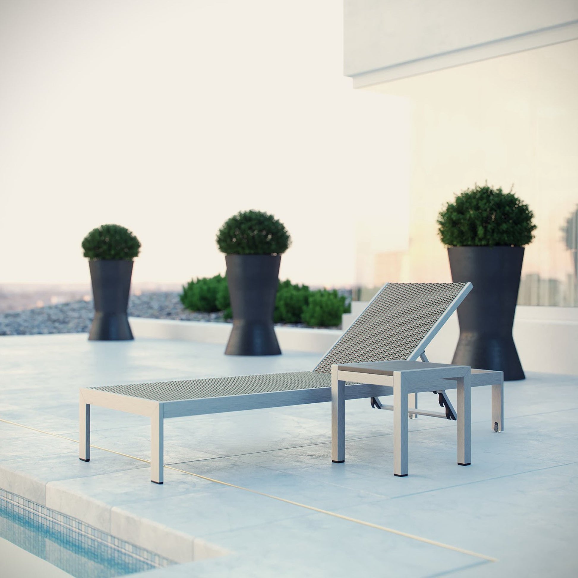 Silver-gray outdoor metal mesh sofa sectional with a matching square side table; 2-piece outdoor patio set.