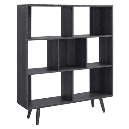 Dark charcoal wood 3x3 cubby bookshelf with tapered legs, mid-century modern style.