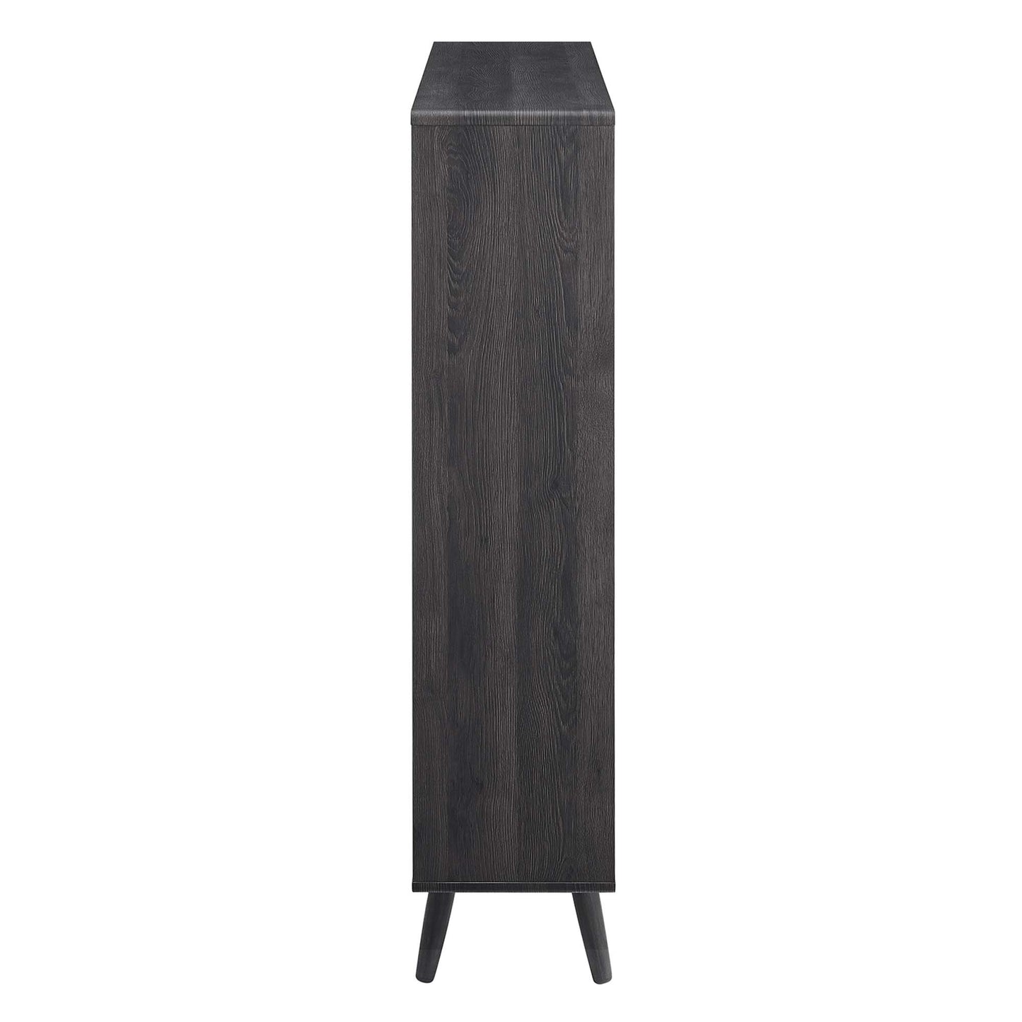 Charcoal wood grain 7-shelf tall bookcase with slim body and angled tapered legs; mid-century style.