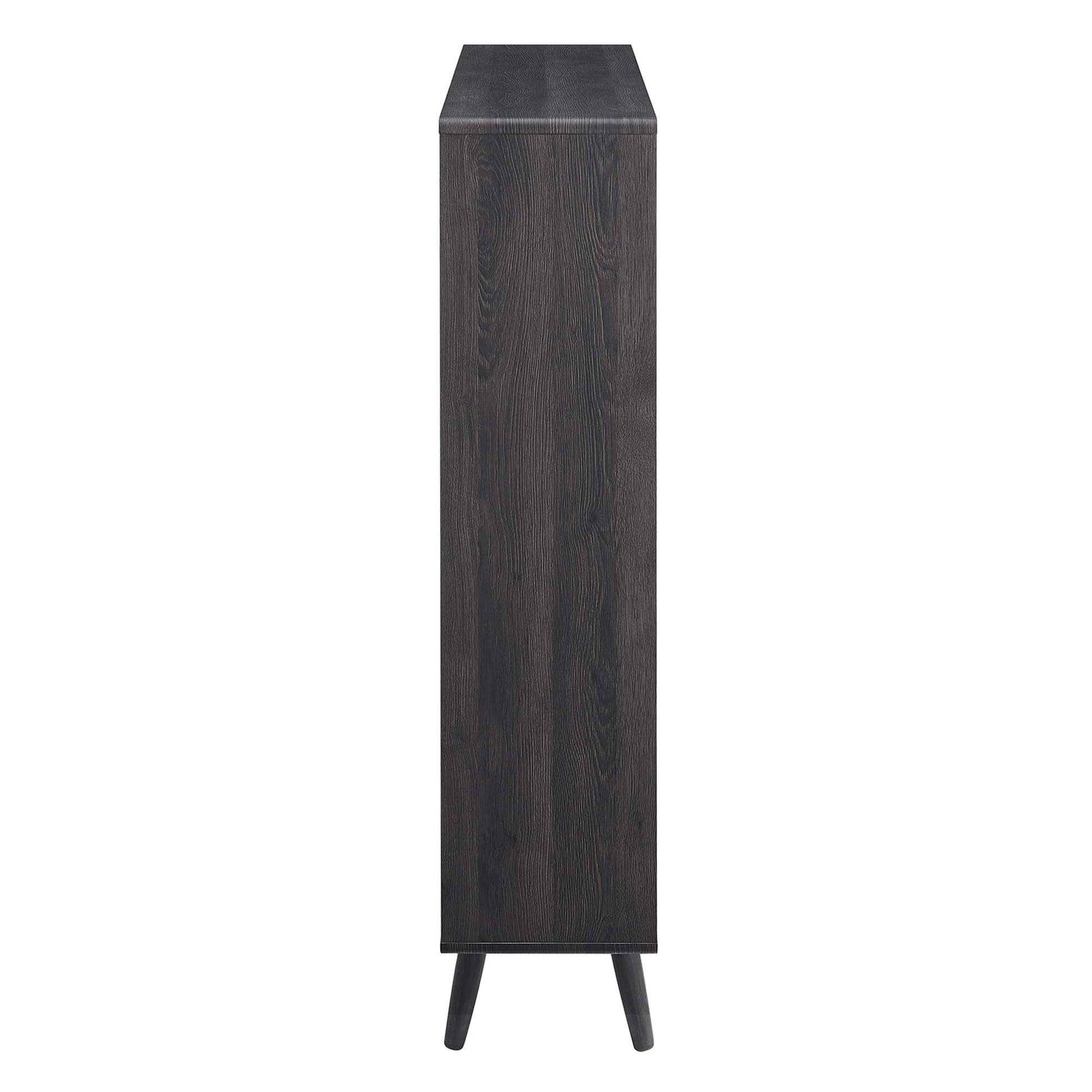 Charcoal wood grain 7-shelf tall bookcase with slim body and angled tapered legs; mid-century style.
