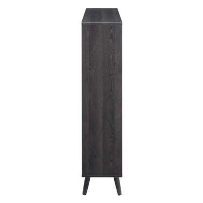 Charcoal wood grain 7-shelf tall bookcase with slim body and angled tapered legs; mid-century style.