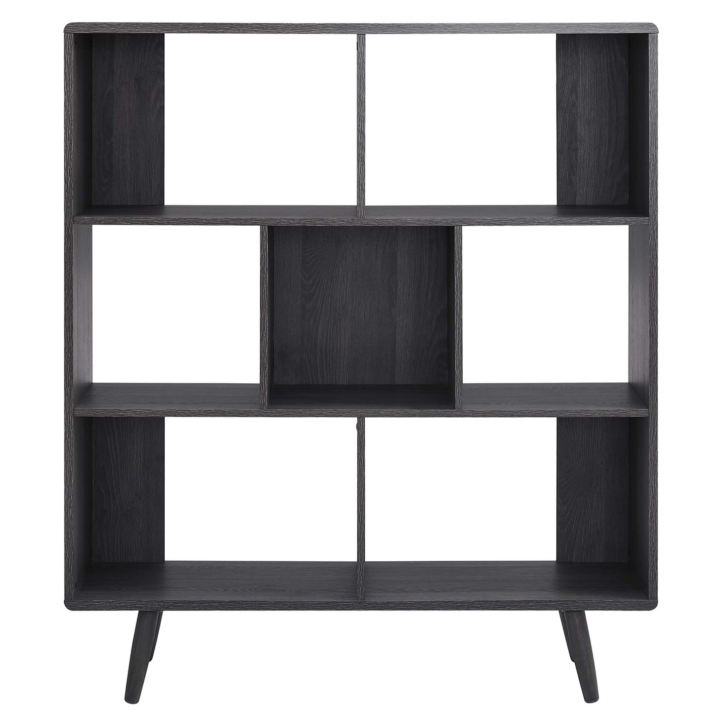 Dark espresso wood bookshelf with geometric cubby grid, mid-century style, angled legs.