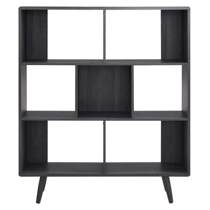 Dark espresso wood bookshelf with geometric cubby grid, mid-century style, angled legs.