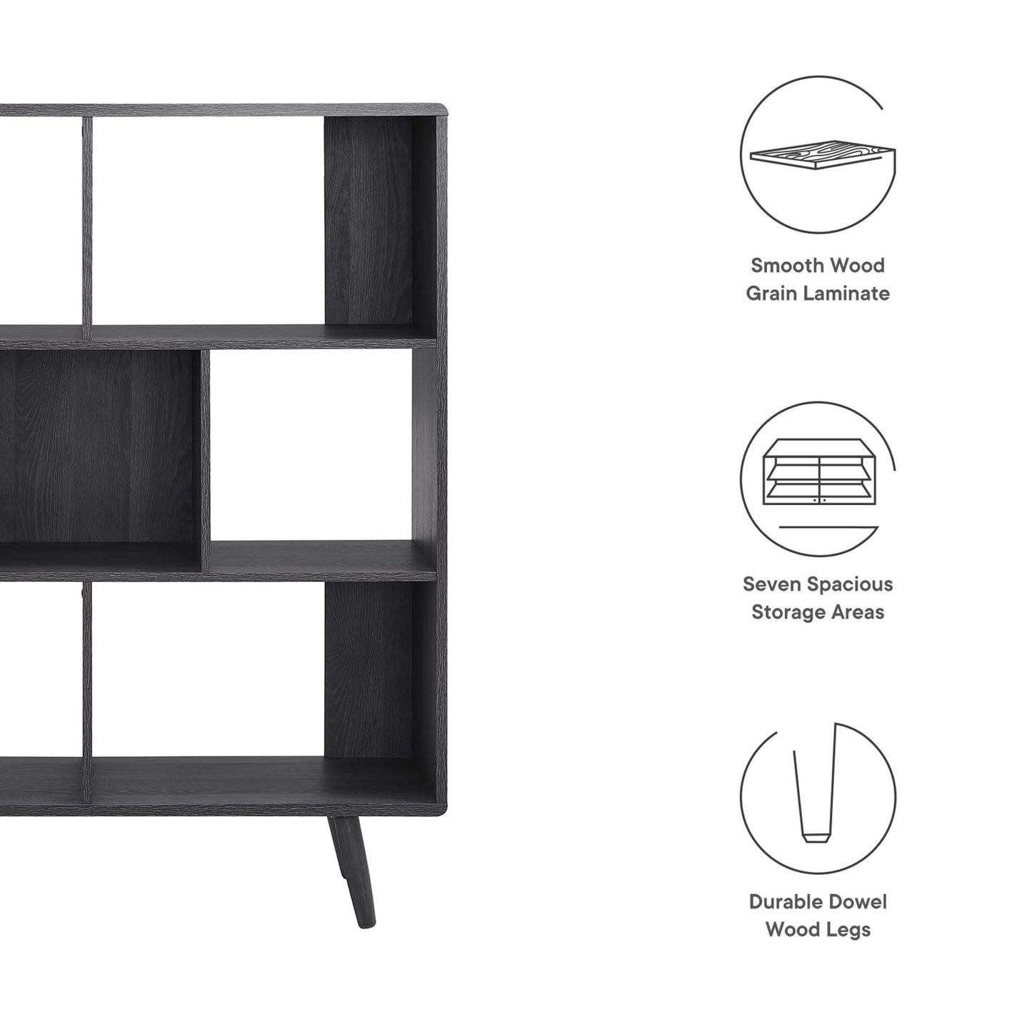 Dark charcoal wood grain bookcase with seven open compartments and angled legs.