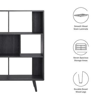 Dark charcoal wood grain bookcase with seven open compartments and angled legs.