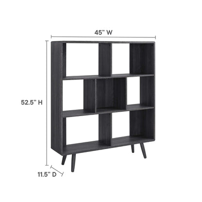 Charcoal wood grain bookcase with 7 shelves.