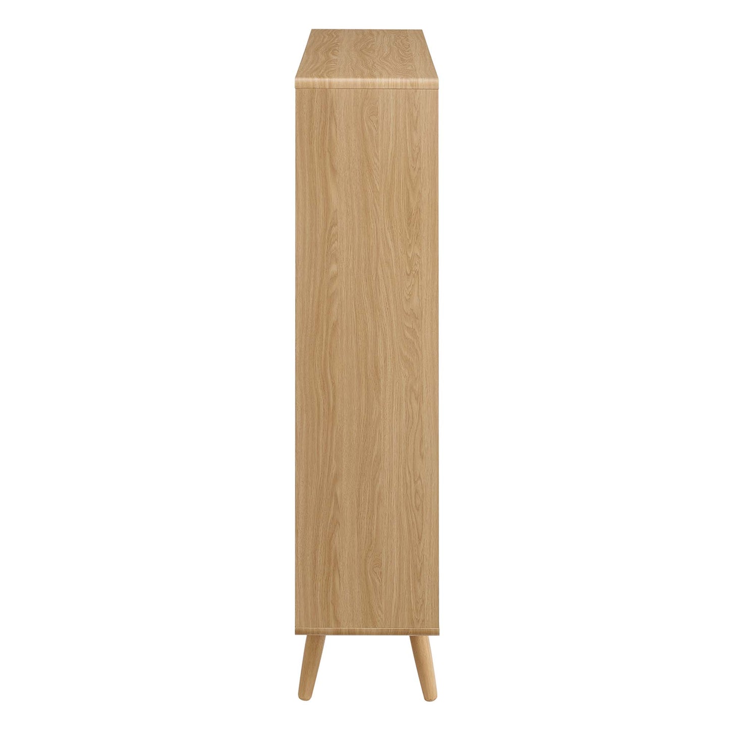 Tall oak wood bookcase with 7 shelves on tapered legs in mid-century modern style.