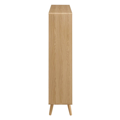 Tall oak wood bookcase with 7 shelves on tapered legs in mid-century modern style.
